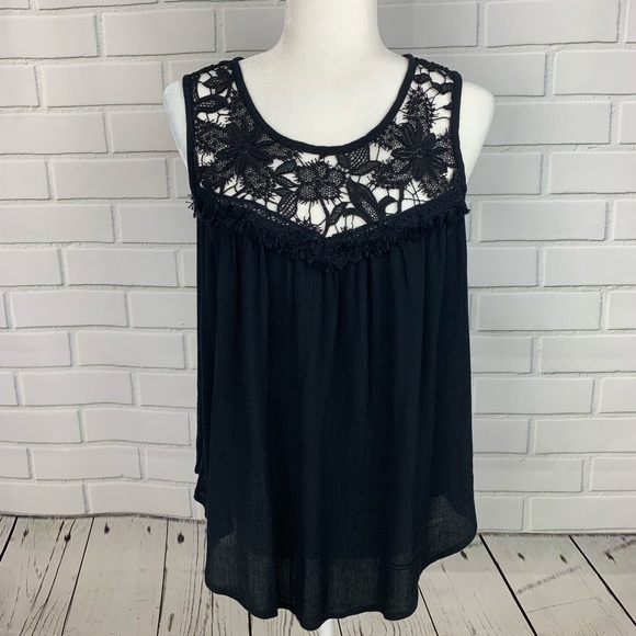 XHILARATION Crochet Lace Knit Tank Top Black Med - Picture 2 of 6